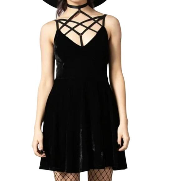 KILLSTAR BLACK MAGICA SKATER VELVET MINI DRESS SIZE M - Picture 1 of 11